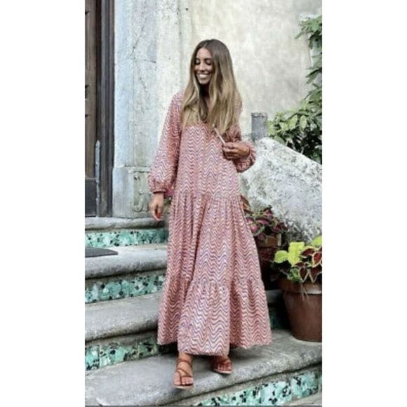 Zara V NECK PRINTED MIDI DRESS in 
COLOR SALMON Size M - Picture 1 of 7